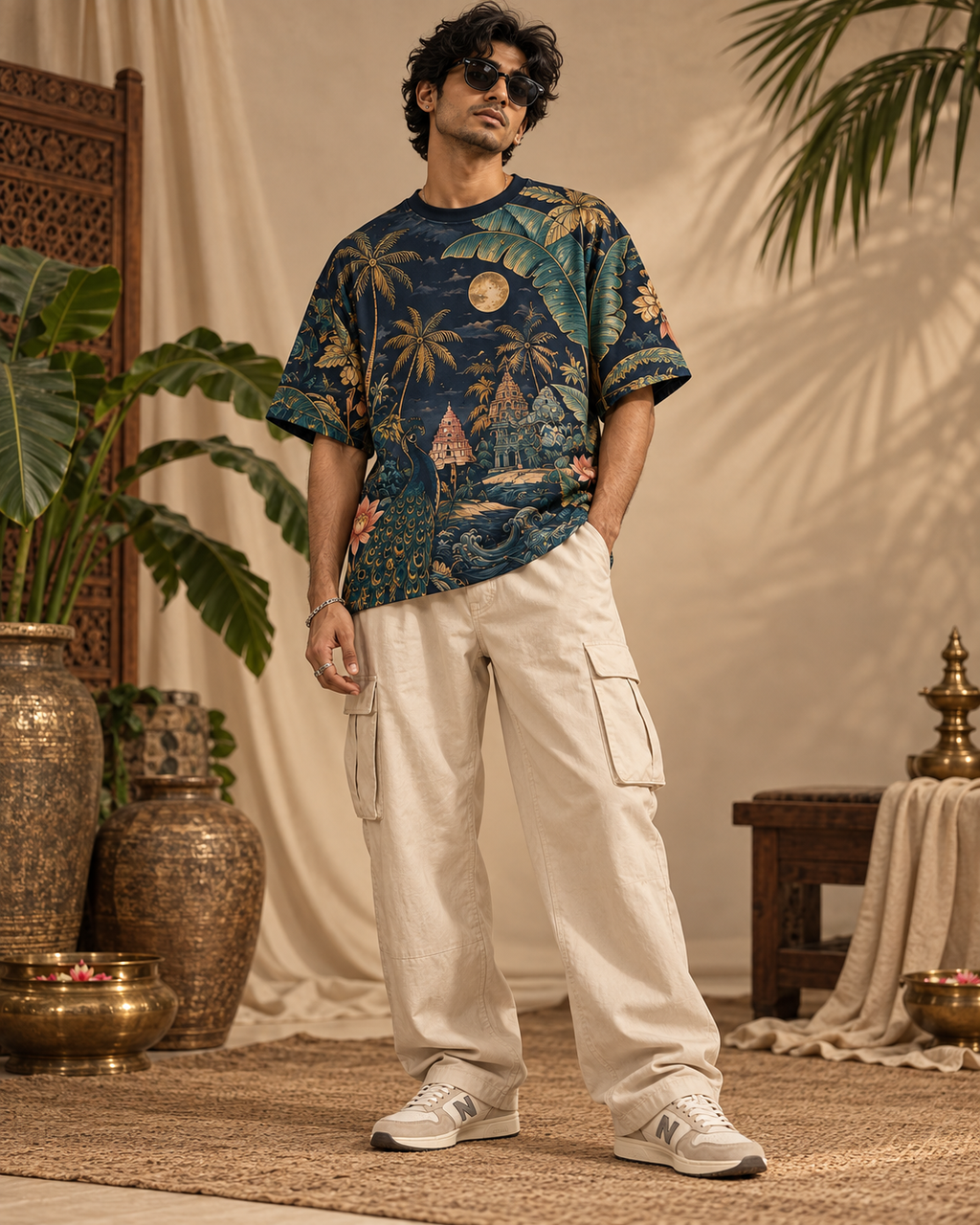 Malabar Nocturne men's oversized t-shirt with tropical Indian resort design by ZERO CODE