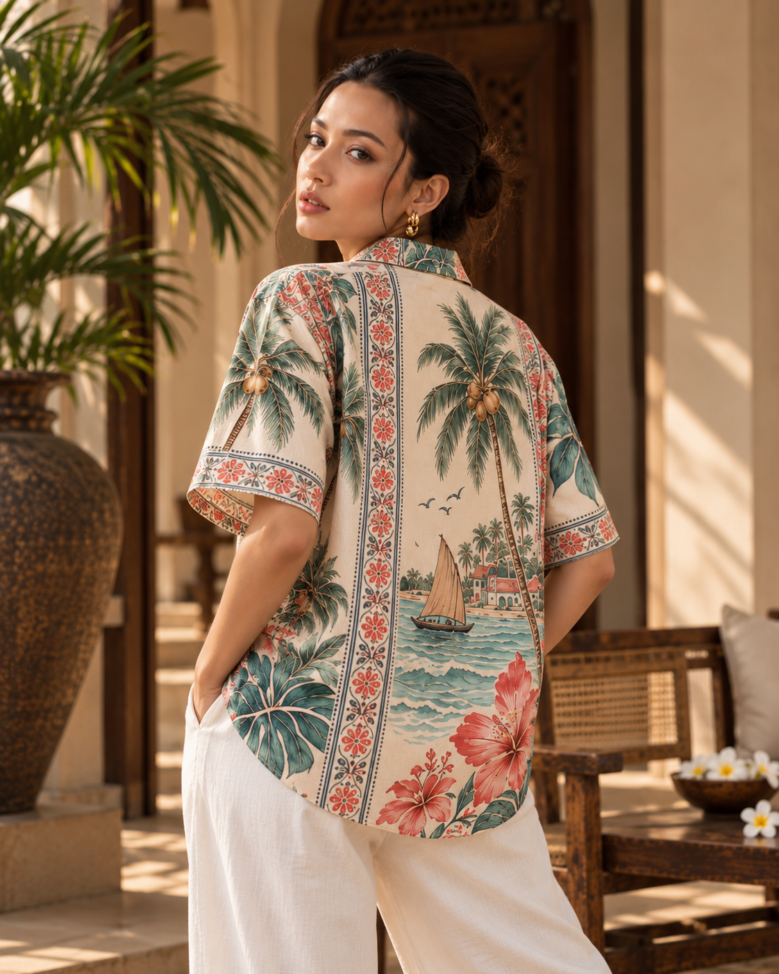 Coconut Riviera women's printed casual shirt with tropical Indian resort design by ZERO CODE - view 4