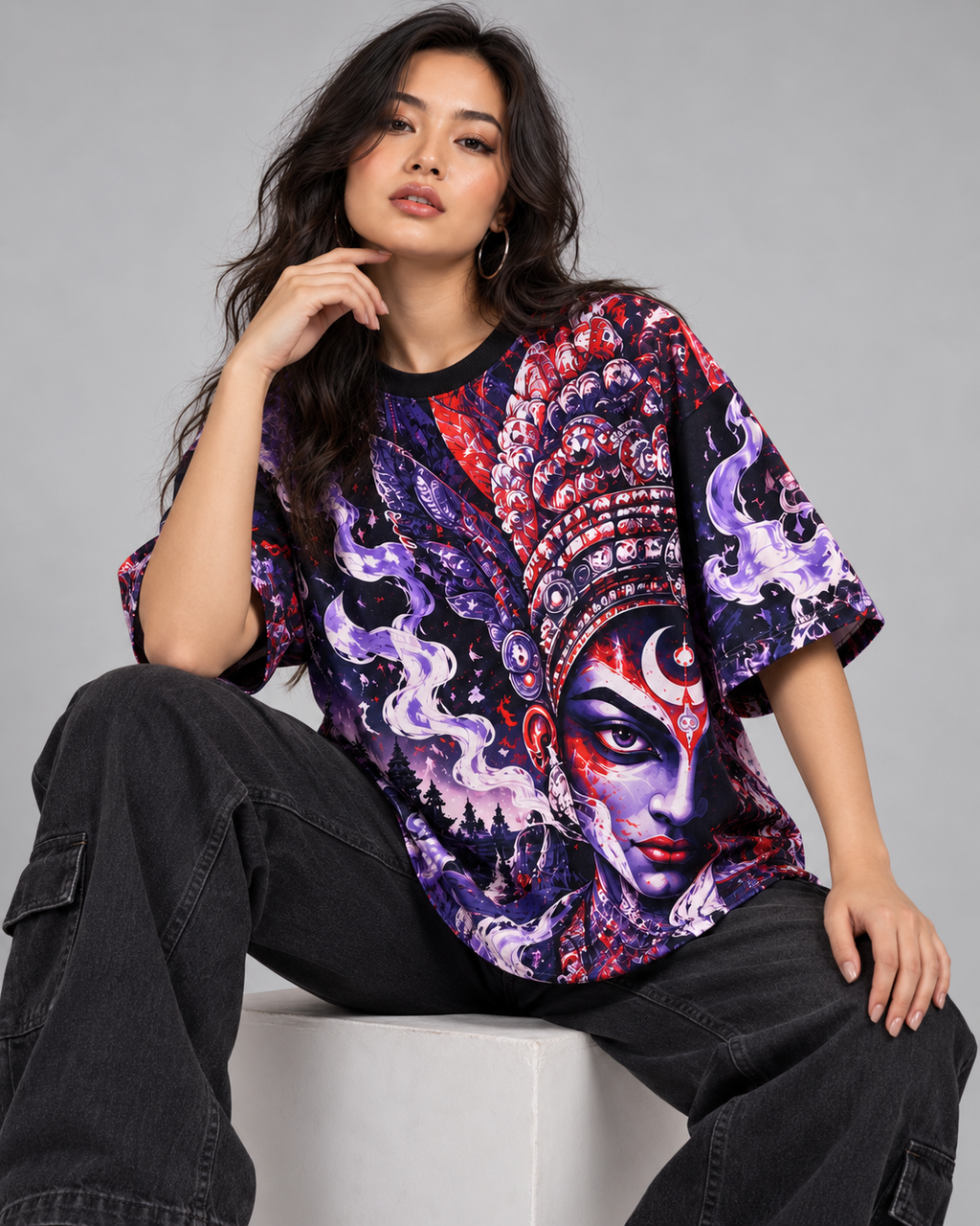 Night Oracle women's oversized t-shirt with Theyyam anime design by ZERO CODE - view 3