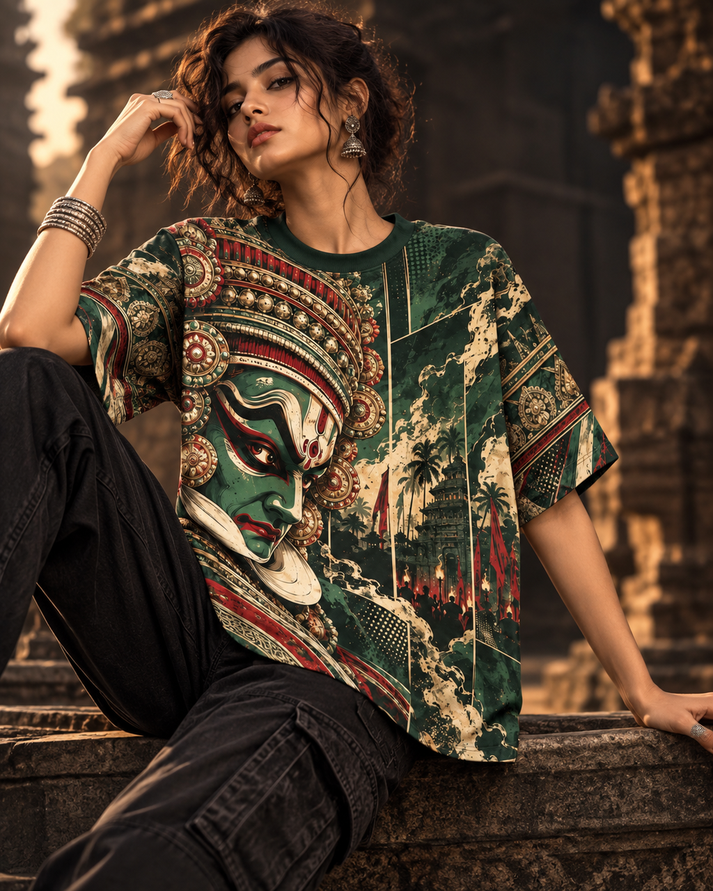 Emerald Arangam women's oversized t-shirt with Theyyam anime design by ZERO CODE - view 5