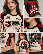 Speed Queen women's crop top with retro racing and Indian road-trip design by ZERO CODE - view 5