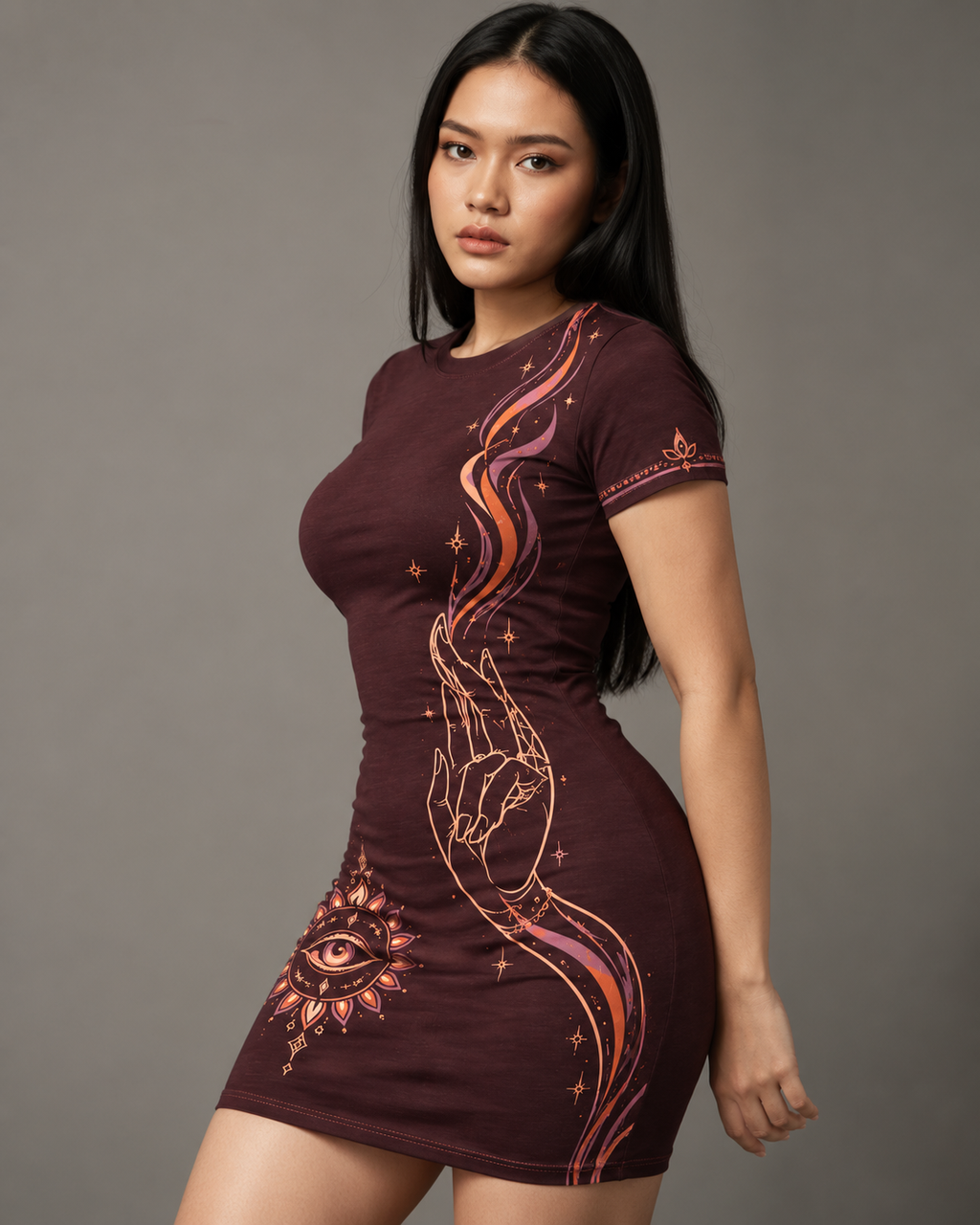 Mudra Flame women's bodycon mini dress with Theyyam anime design by ZERO CODE - view 3