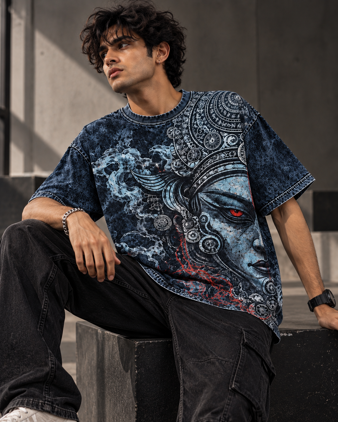 Indigo Spirit men's oversized t-shirt with Theyyam anime design by ZERO CODE