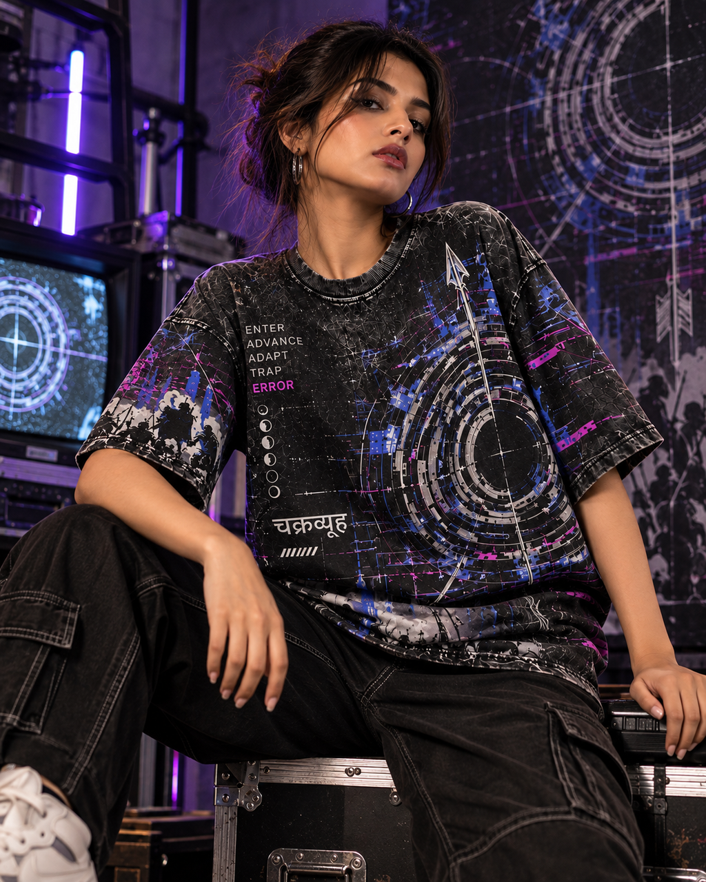 Chakravyuh Error women's oversized t-shirt with Indian mythology design by ZERO CODE - view 4