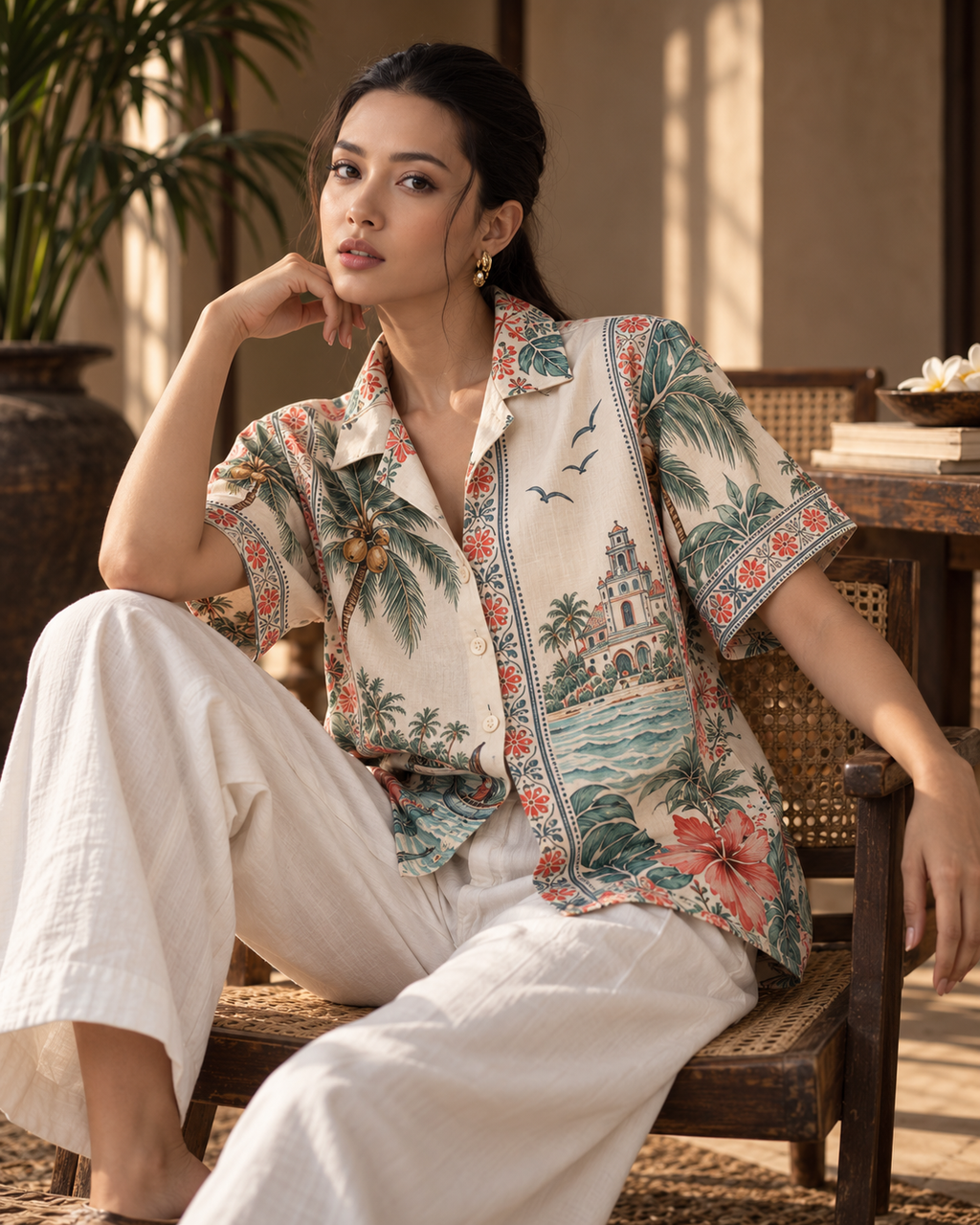 Coconut Riviera women's printed casual shirt with tropical Indian resort design by ZERO CODE