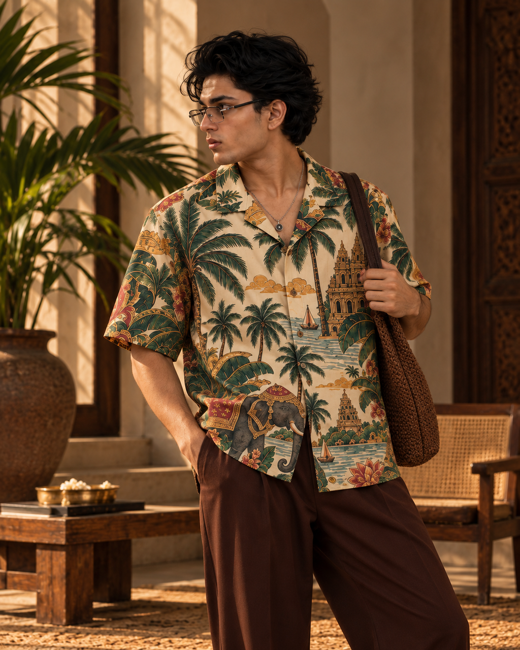 Temple Palm Club men's printed casual shirt with tropical Indian resort design by ZERO CODE - view 3