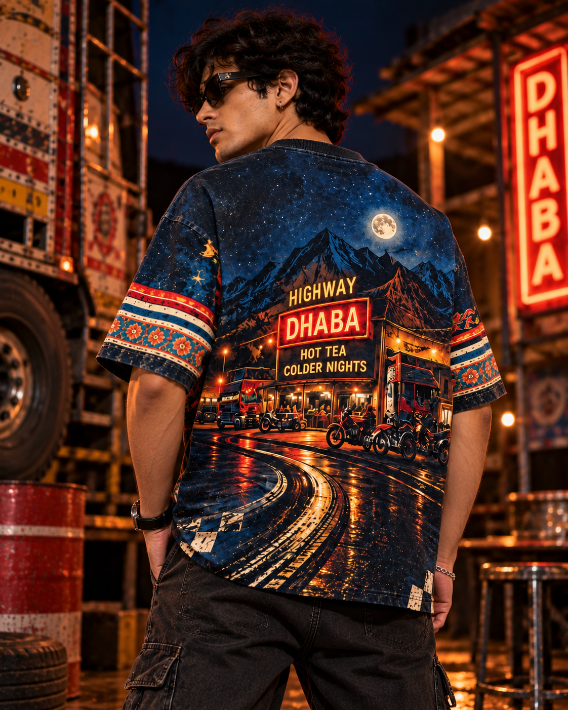 Midnight Dhaba Racing men's oversized t-shirt with retro racing and Indian road-trip design by ZERO CODE - view 4
