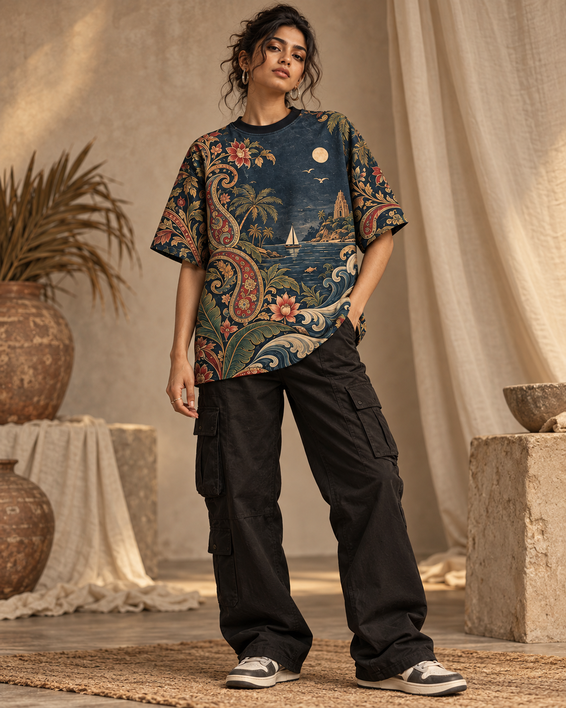 Kalamkari Tide women's oversized t-shirt with tropical Indian resort design by ZERO CODE