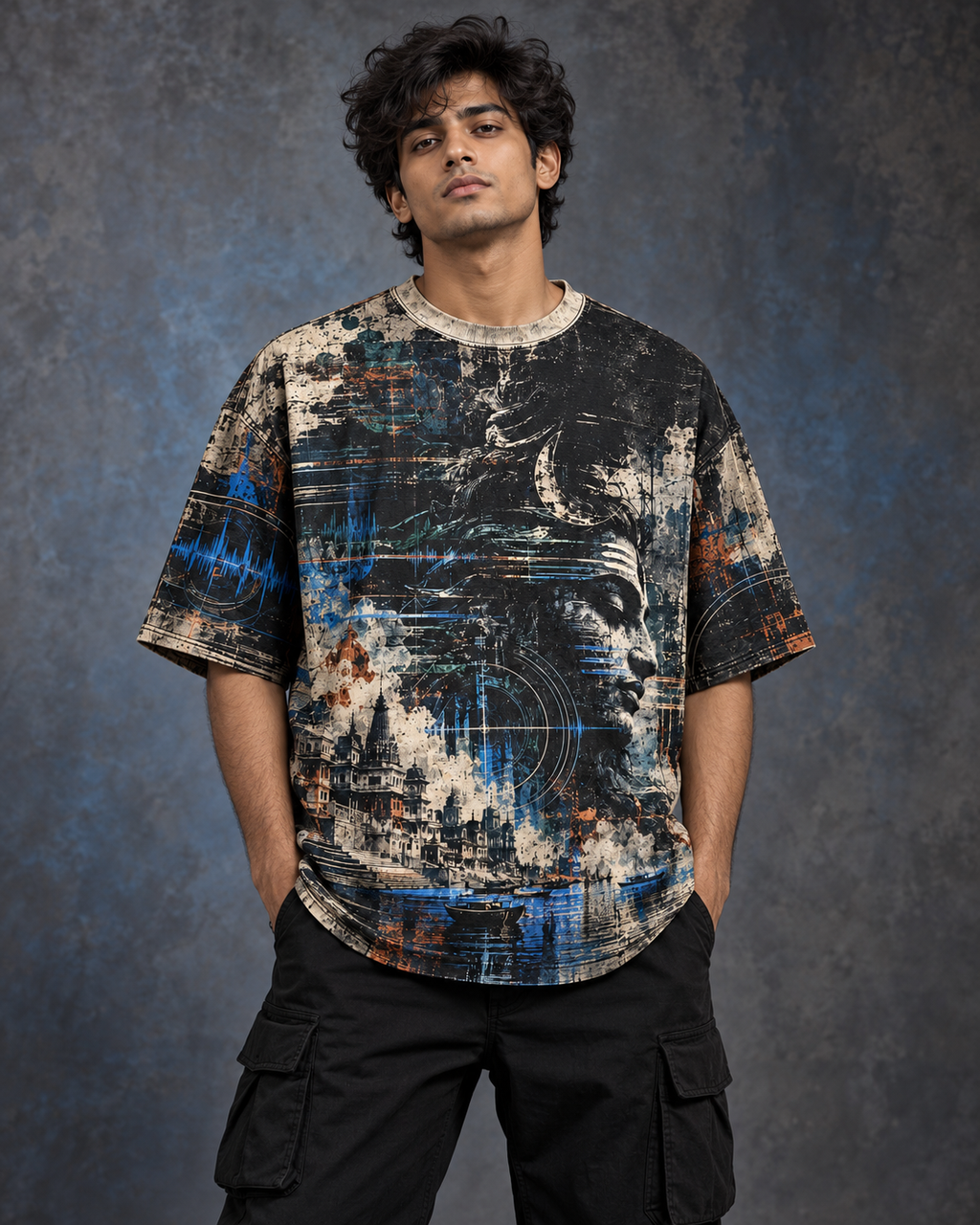 Rudra Transmission men's oversized t-shirt with dark Varanasi grunge design by ZERO CODE - view 4