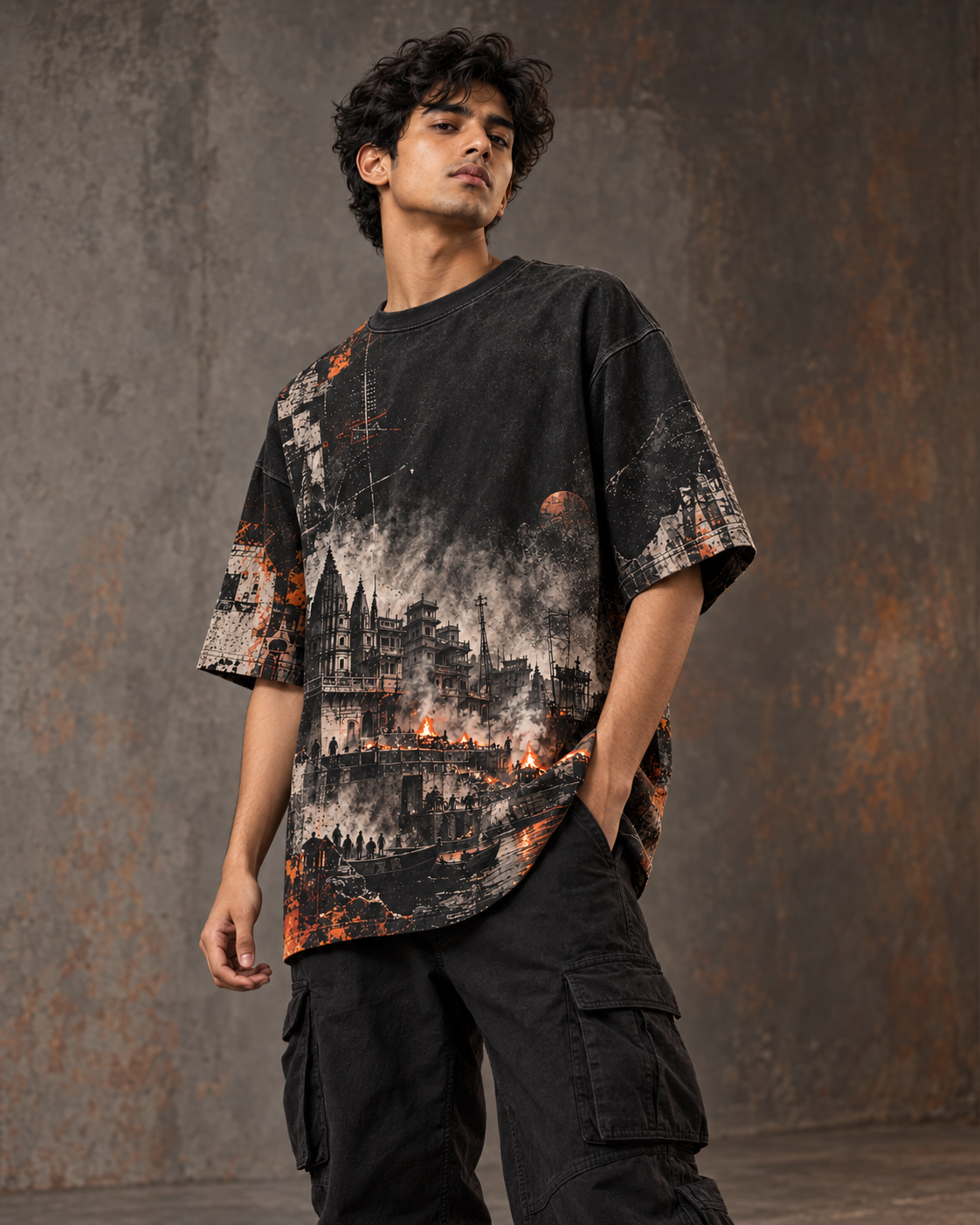 Manikarnika After Midnight men's oversized t-shirt with dark Varanasi grunge design by ZERO CODE - view 4