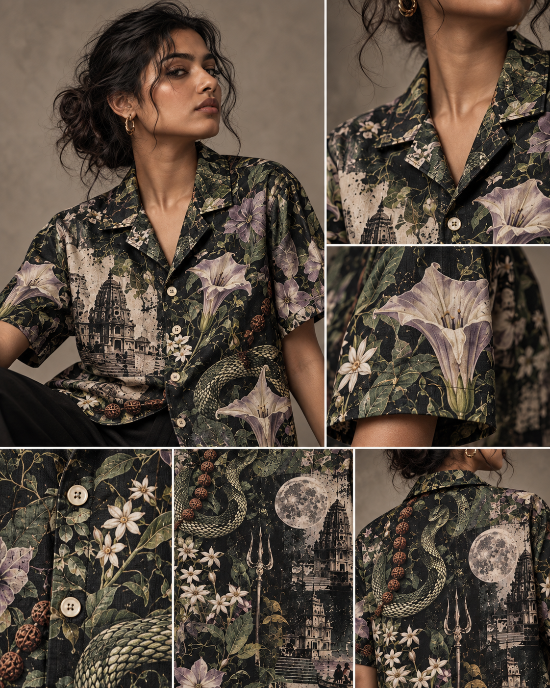 Poison Garden women's printed casual shirt with dark Varanasi grunge design by ZERO CODE - view 5