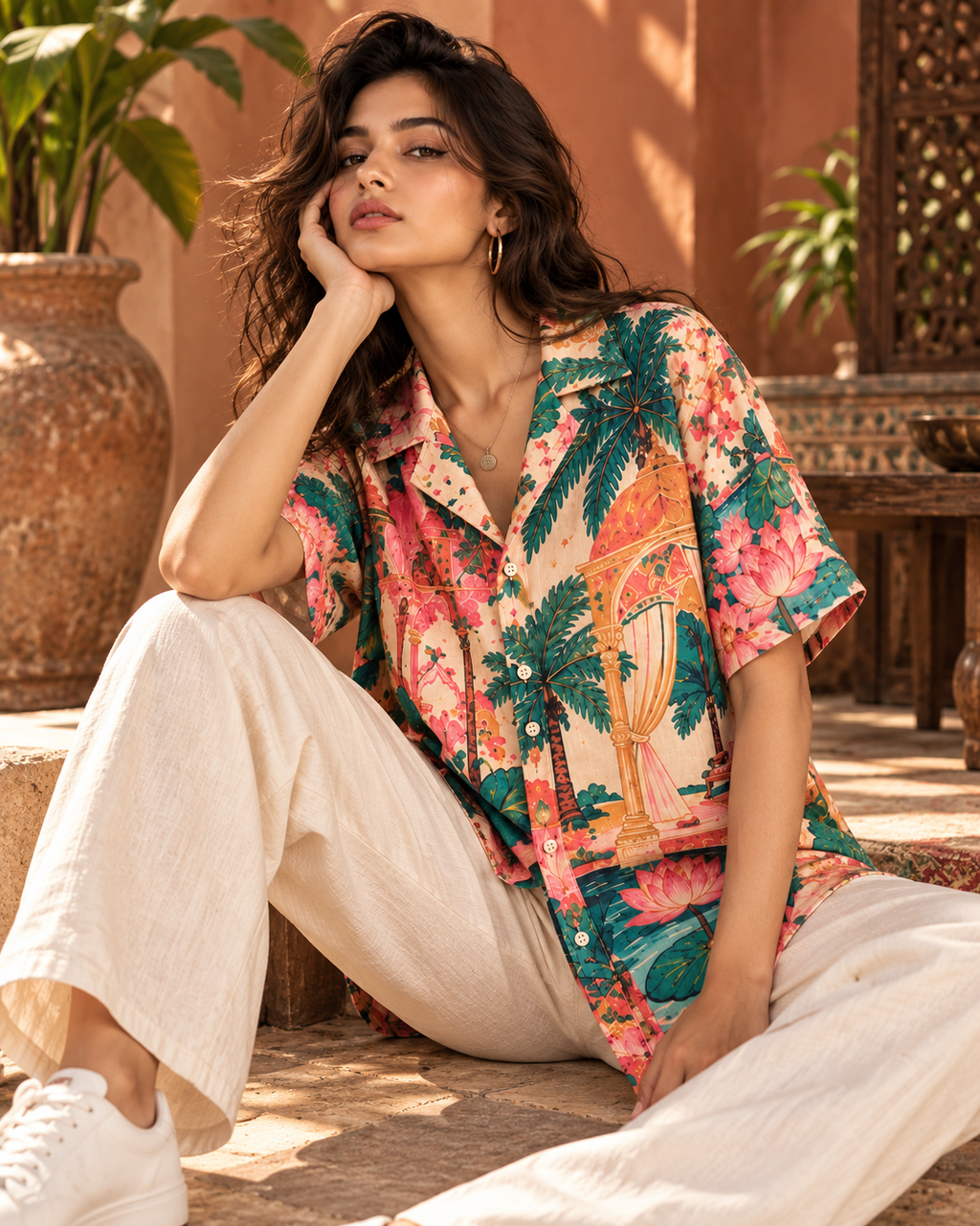 Lotus women's printed casual shirt with Madhubani folk-art design by ZERO CODE - view 4