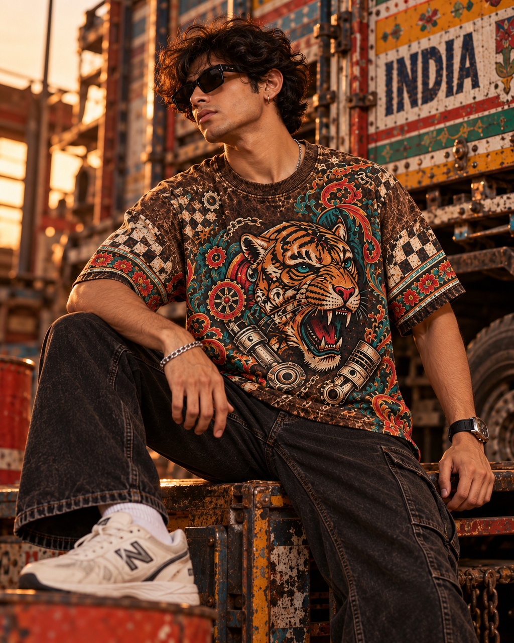 Rust Belt Raja men's oversized t-shirt with retro racing and Indian road-trip design by ZERO CODE