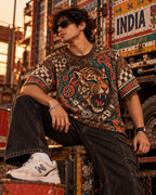Rust Belt Raja men's oversized t-shirt with retro racing and Indian road-trip design by ZERO CODE