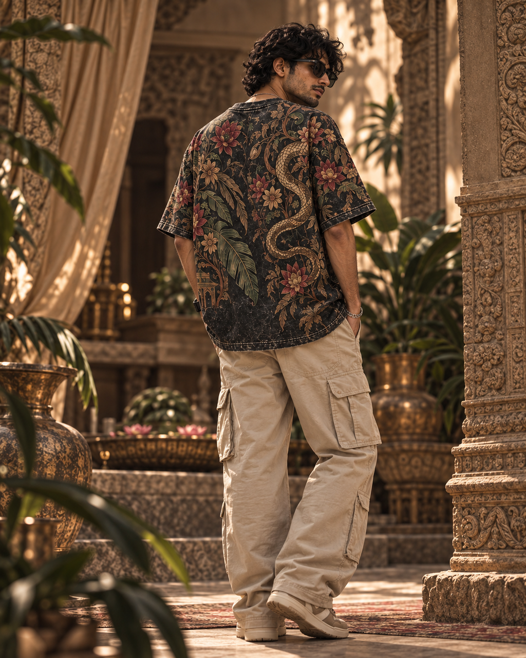 Serpent Garden men's oversized t-shirt with tropical Indian resort design by ZERO CODE - view 4
